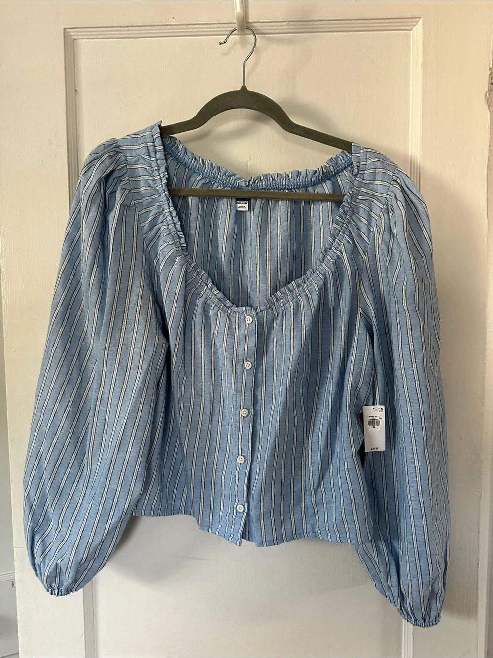Old Navy Light Blue Striped Button-Front Peasant Blouse